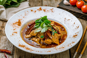 South China Fried Meat hot and spicy on old wooden table