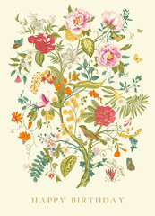 Greeting card. Happy Birthday. Blooming tree. Vintage floral illustration - 432183577