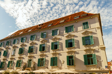 City facades and sightseeing in Graz / Austria at sunset. Travel and holiday concept.