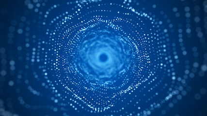 Cyber tunnel consisting of moving glowing points. Futuristic infinite space background. Concept of data transfer in cyberspace. Hi-tech illustration. 3d rendering.