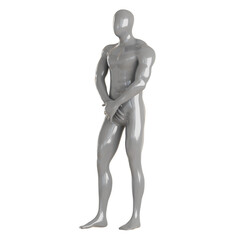 A gray male faceless mannequin stands with his palms crossed on a white background. 3d rendering