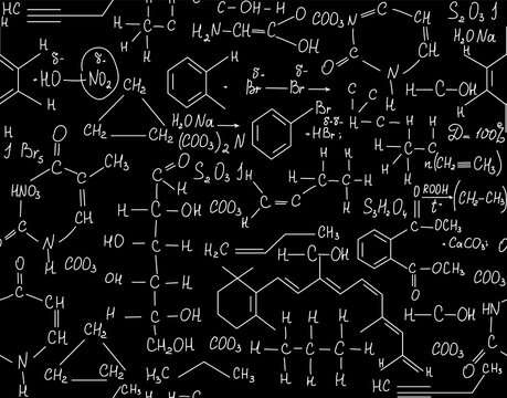 Scientific chemistry vector seamless pattern with handwritten chemical equations, formulas and lab equipment
