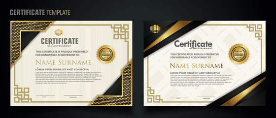 Luxury certificate template with elegant corner frame and realistic texture pattern, diploma Vector illustration - obrazy, fototapety, plakaty