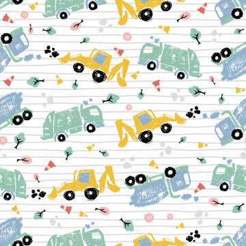 Vector white pen skech doodle cute tilted cement trucks transport vehicles seamless pattern with stripes. Suitable for textile, gift wrap and wallpaper.