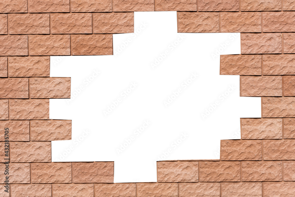 Poster a red brick wall with a hole in the middle. isolated on a white background