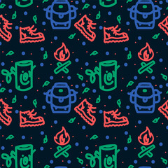 Summer camp background. Pattern on black Camping for textiles. Linear travel icons in Doodle style. Vector illustration