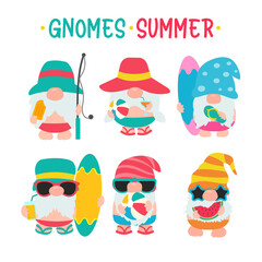 Gnomes Summer. Gnomes wear hats and sunglasses for summer trips to the beach.