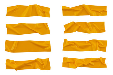 Fototapeta na wymiar Yellow wrinkled adhesive tape isolated on white background. Yellow Sticky scotch tape of different sizes.
