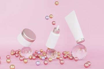 Obraz na płótnie Canvas Mockup dropper bottle, lotion tube and cream jar for cosmetics products or advertising balancing on glass spheres, 3d illustration render