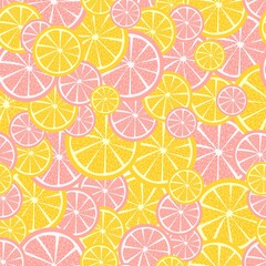 Summer seamless pattern with fruit slices on top of each other. Lemons, oranges and grapefruits repetitive background. Textile and printable texture with abstract and tropical plants.