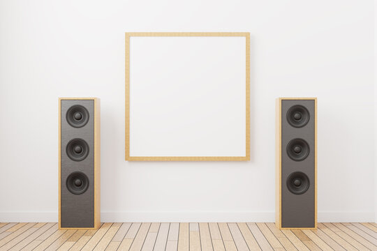 Empty frame mockup for a square shaped painting. Empty picture against the background of music speakers in a minimal interior. 3D rendered.