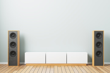Music speakers with a bedside table in a minimalistic interior. 3d rendering - obrazy, fototapety, plakaty