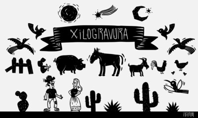 Xilogravura, elementos nordestinos, juninos, São João, cactus, pássaros, bird, woodcut, jumento, bode, galinha, goat, chicken - obrazy, fototapety, plakaty