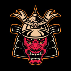 Japanese demon samurai in helmet vector colored illustration isolated on dark background
