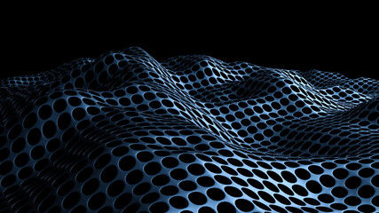 abstract scifi blue wave background, a metallic fabric landscape with holes 
