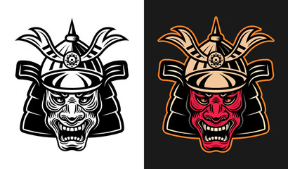 Japanese demon samurai in helmet vector illustration in two styles monochrome on white and colorful on dark background