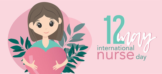 International nurse day 12 may. Happy female nurse in uniform. Pink and mint colors. Banner with lettering. Hold big heart in hands.