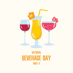 National Beverage Day Poster with different types of drinks vector. Drinking glasses with drinks icon. Beverage Day Poster, May 6. Important day