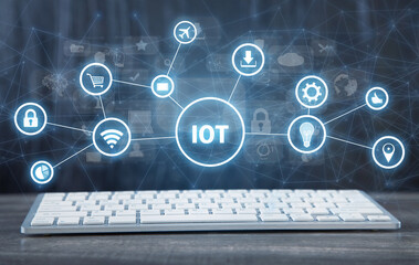 White computer keyboard. Internet Of Things