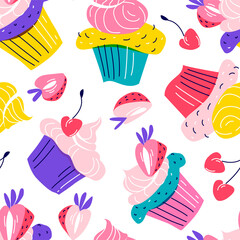 Birthday party cupcake cake festive vector seamless pattern