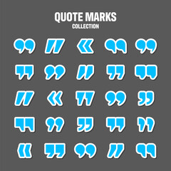 Quotation marks vector collection. Blue quotes icon. Colorful stickers collection. Speech mark symbol.