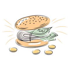 Hamburger with a bundle of banknotes all over the filling. Conceptual drawing. Line drawing graphic illustration. Isolated on white.