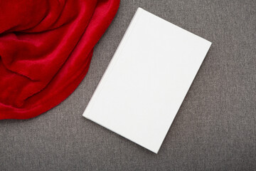 Book with blank cover and empty cover on a gray sofa