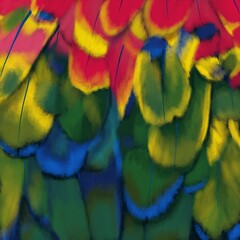 Colorful of Scarlet macaw bird's feathers with red yellow orange and blue shades, exotic nature background and texture