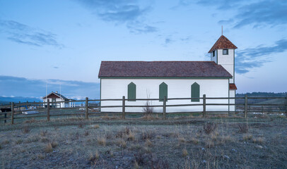 Sunrise on McDougall Church on the Stoney Nakoda Nation at Morley, Alberta, Canada