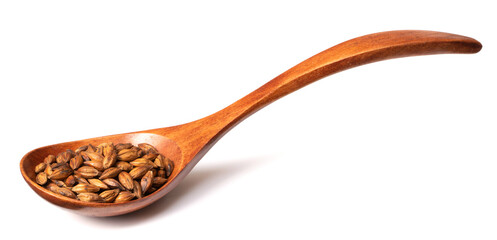 Barley Tea in the wooden spoon, isolated on pure white background
