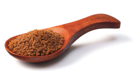 brown sugar in the wooden spoon, isolated on white background
