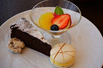 Variety of desert, Fruits Jelly, Chocolate cake, and Macaroon  - デザート 盛り合わせ ゼリー ガトーショコラ マカロン