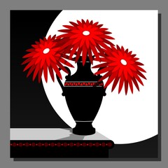 Stylized still life with red flowers in a vase. Wall decor, poster design. Vector illustration.
