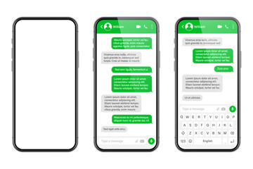 Realistic smartphone with messaging app. SMS text frame. Messenger chat screen with green message bubbles and placeholder text. Social media application. Vector illustration.