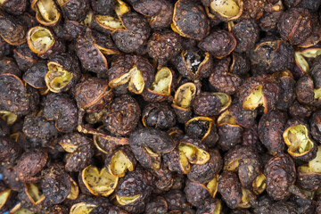 Macro full frame closeup of raw brown whole chinese sichuan timut pepper corns with citrus anise taste