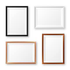 Realistic isolated black, white and wooden picture frames with shadow. Blank poster mockup. Empty photo frame. Vector illustration.