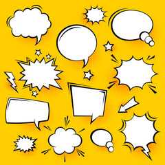 Blank comic speech bubbles with halftone shadows on yellow background. Hand drawn retro cartoon stickers. Pop art style. Vector illustration.