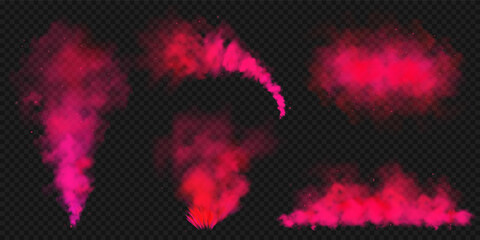 Realistic red colorful smoke clouds, mist effect. Colored fog on dark background. Vapor in air, steam flow. Vector illustration.