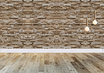 bright empty interior design, stone wall. 3D illustration
