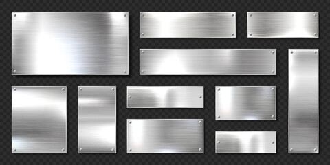 Realistic shiny metal banners set. Brushed steel plate with screws. Polished silver metal surface. Vector illustration. - obrazy, fototapety, plakaty