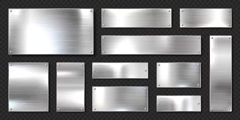 Foto op Plexiglas Realistic shiny metal banners set. Brushed steel plate with screws. Polished silver metal surface. Vector illustration. © 32 pixels