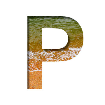 Sea shore font. The letter P cut out of paper on a background of the beach of seashore with coarse sand and emerald water. Set of decorative natural fonts.