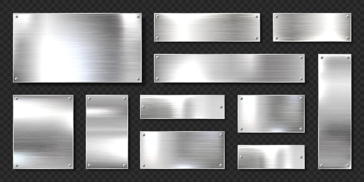 Realistic shiny metal banners set. Brushed steel plate with screws. Polished silver metal surface. Vector illustration.