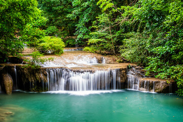 Waterfall and blue emerald water color in Erawan national park. Erawan Waterfall, Beautiful nature...