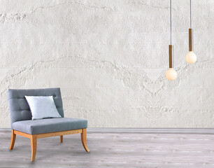 bright empty interior design, stone wall. 3D illustration