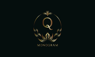 Vintage gorgeous royal monogram with letter Q on a dark background. Exquisite golden floral logo for business, restaurant, boutique, cafe, hotel, etc.