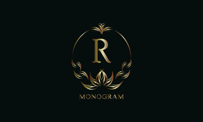 Vintage gorgeous royal monogram with letter R on a dark background. Exquisite golden floral logo for business, restaurant, boutique, cafe, hotel, etc.