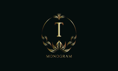 Vintage gorgeous royal monogram with letter T on a dark background. Exquisite golden floral logo for business, restaurant, boutique, cafe, hotel, etc.