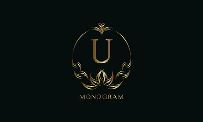 Vintage gorgeous royal monogram with letter U on a dark background. Exquisite golden floral logo for business, restaurant, boutique, cafe, hotel, etc.