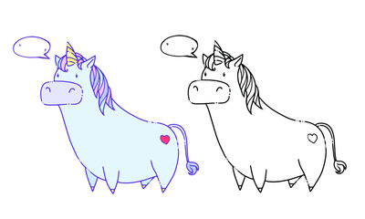 Cute hand drawn cartoon unicorn with speech bubble. Vector illustration for designing baby clothes, kid print, posters, stickers, books. Coloring page with color option.